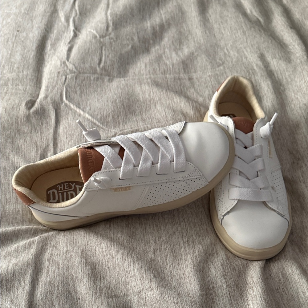 Hey Dude Women's White and Tan Sneakers
